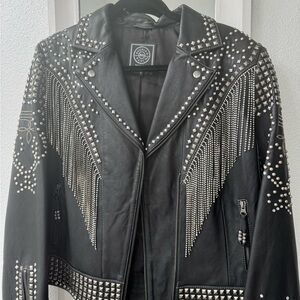 Double D Ranch Black Leather Stud & Chain Fringe Jacket